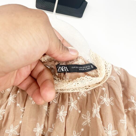 Zara Womens Peasant Embroidered Cottagecore‎ Prairie Mock Neck Blouse Size XS - Picture 5 of 8
